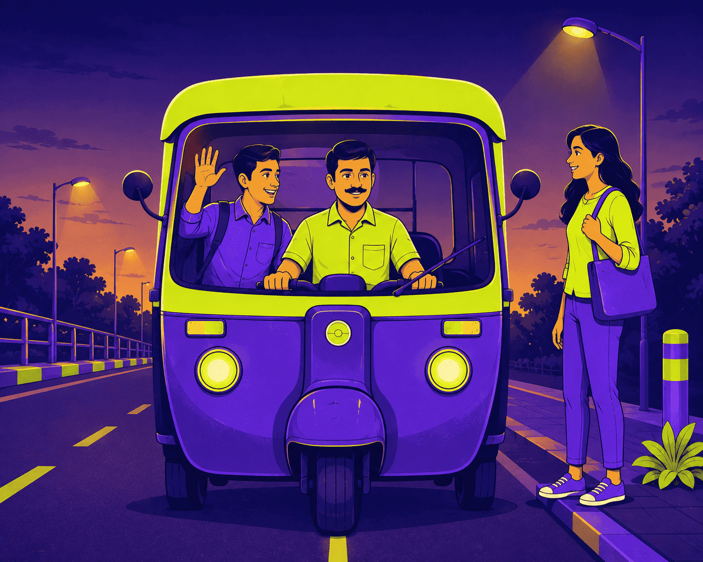 A rider in an auto waves as a commuter with a bag walks up from the footpath to share the ride.